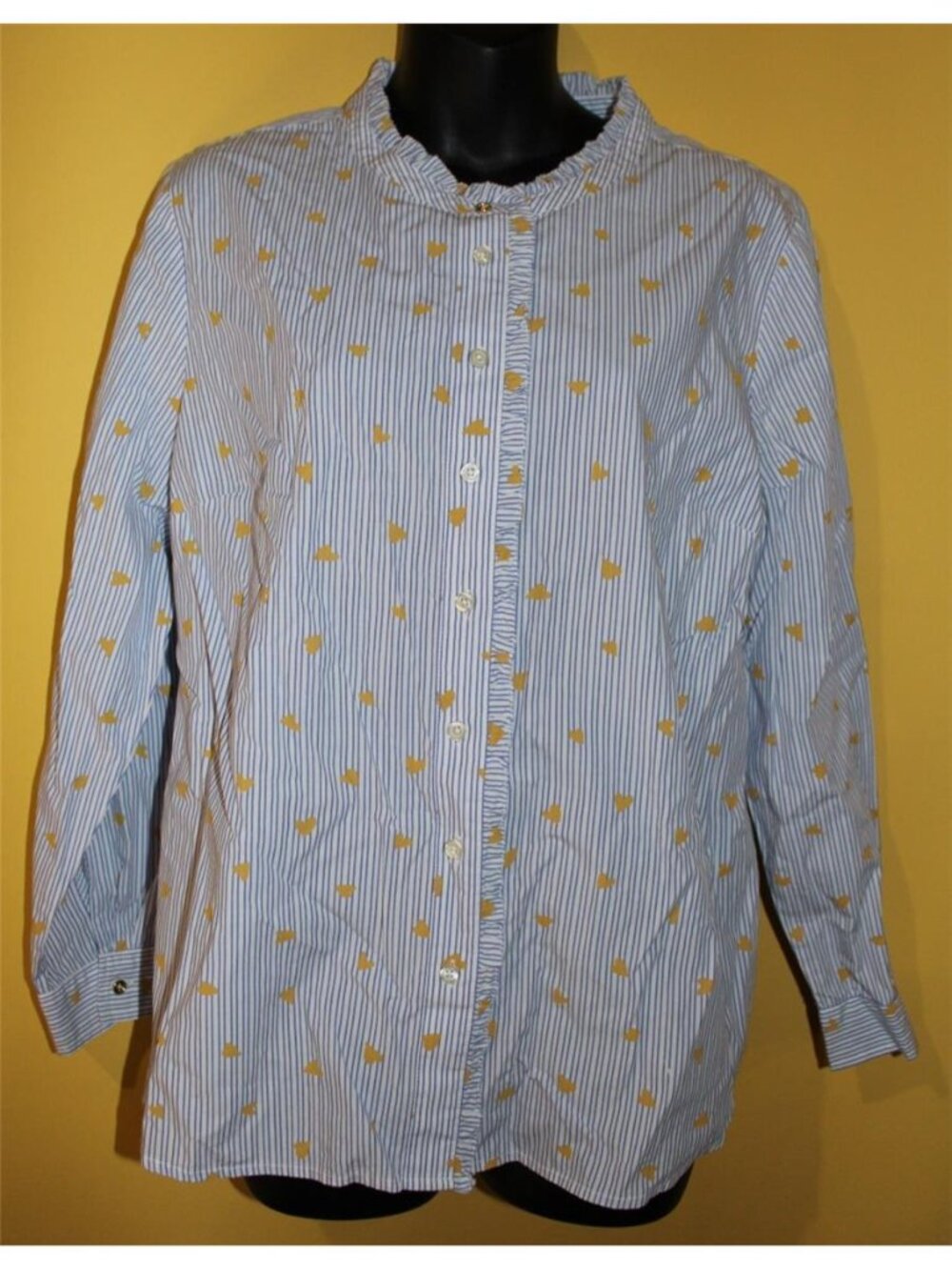 Talbots Petite XLP XL Blue White Striped Button up Gold Heart Print Ruffle Neck